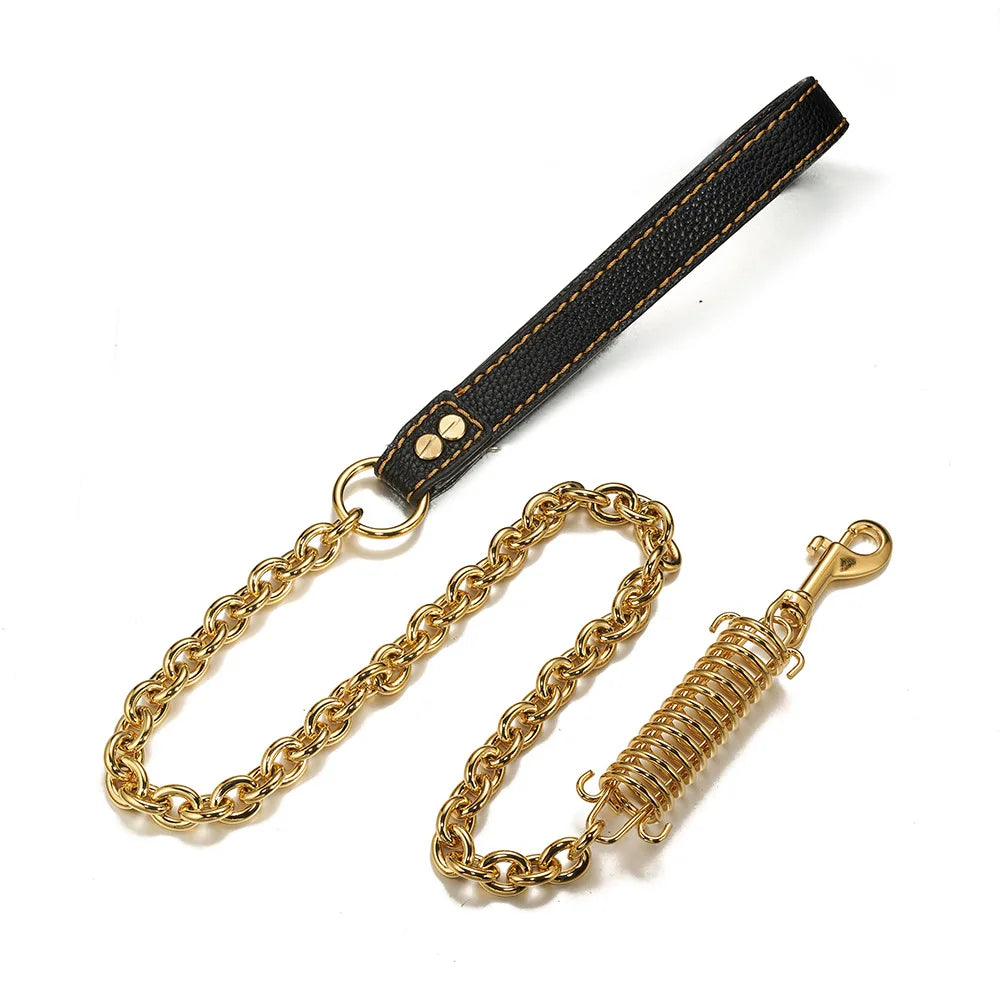 Gold Stainless Steel Dog Traction Rope with Buffer Spring Explosion-proof Pet Chain Leash for Large Dogs Pitbull Doberman Bully