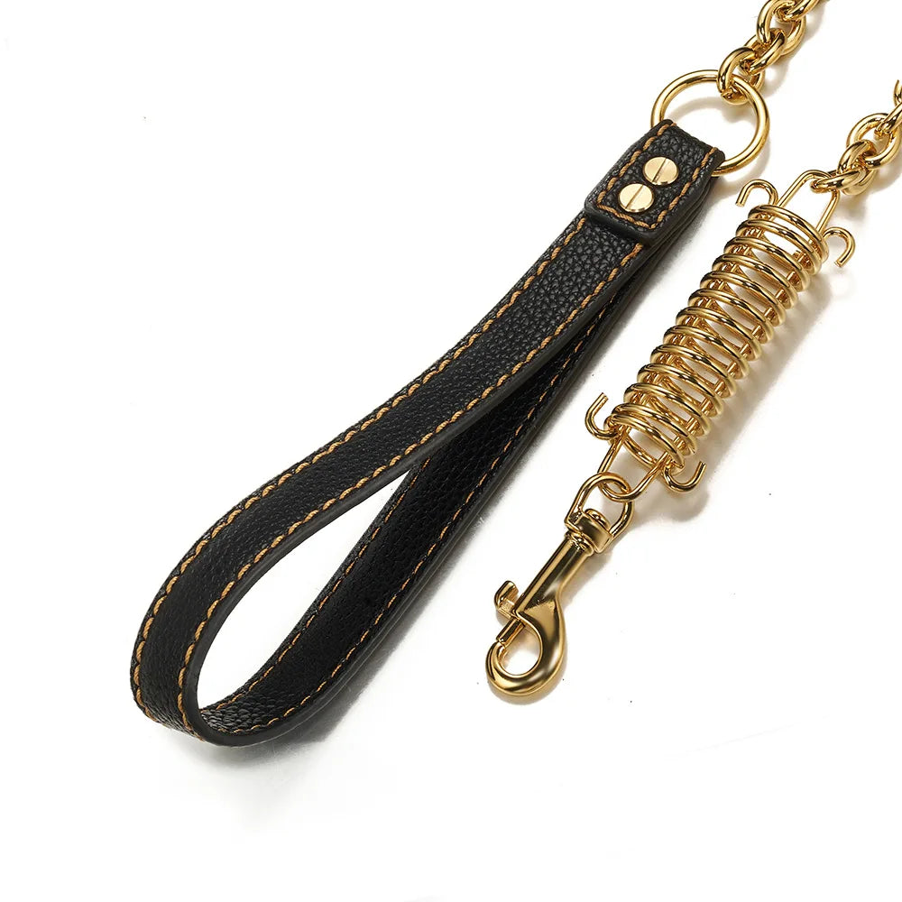 Gold Stainless Steel Dog Traction Rope with Buffer Spring Explosion-proof Pet Chain Leash for Large Dogs Pitbull Doberman Bully