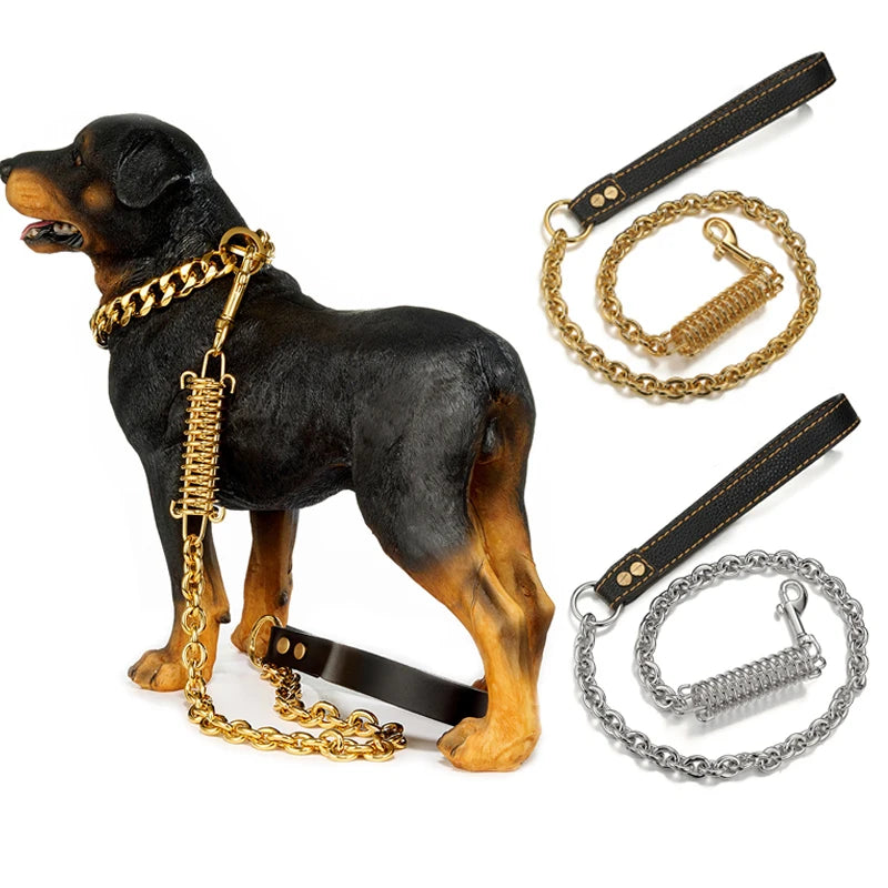 Gold Stainless Steel Dog Traction Rope with Buffer Spring Explosion-proof Pet Chain Leash for Large Dogs Pitbull Doberman Bully