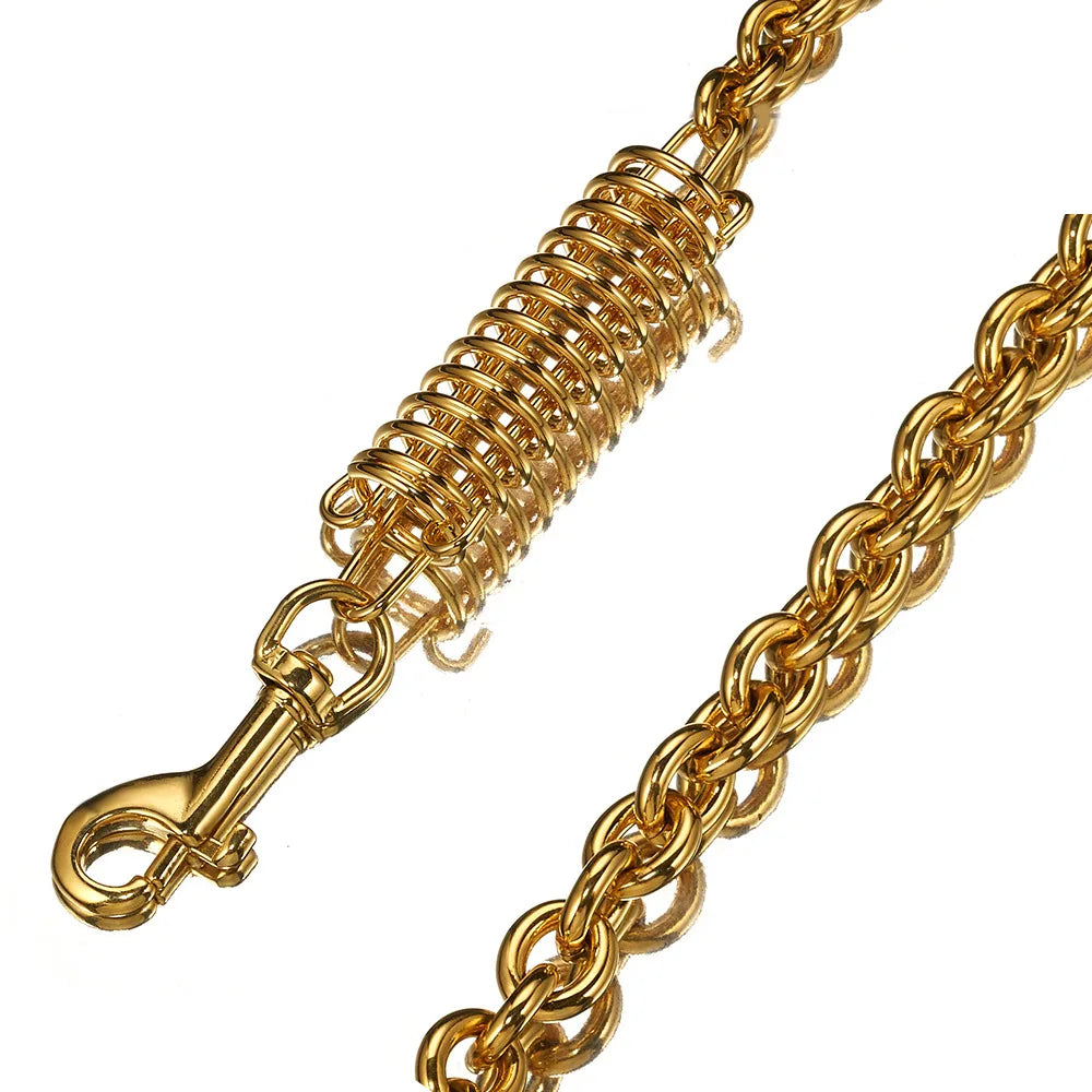 Gold Stainless Steel Dog Traction Rope with Buffer Spring Explosion-proof Pet Chain Leash for Large Dogs Pitbull Doberman Bully