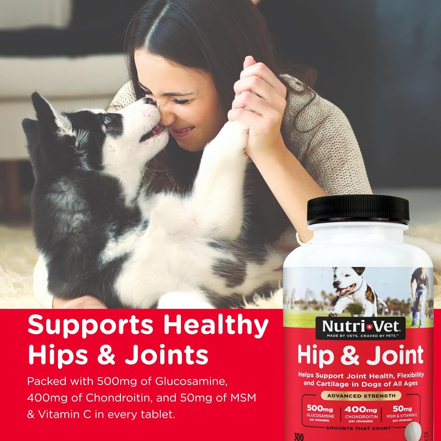 Advanced Strength Hip & Joint Chewable Dog Supplements- Formulated with Glucosamine & Chondroitin to Support Dog Cartilage & Mobility- 300 Tablets